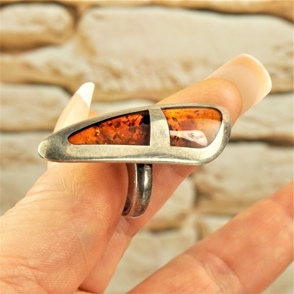 BALTIC AMBER 925 SILVER LONG RING 7.75, RARE TO FIND JEWELRY, GIFT FOR WOMEN - Picture 7 of 10
